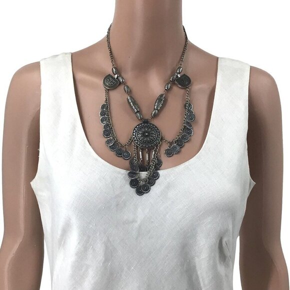Boho Style Bib Necklace Coin Fringe Adjustable Length Beaded - Picture 2 of 2